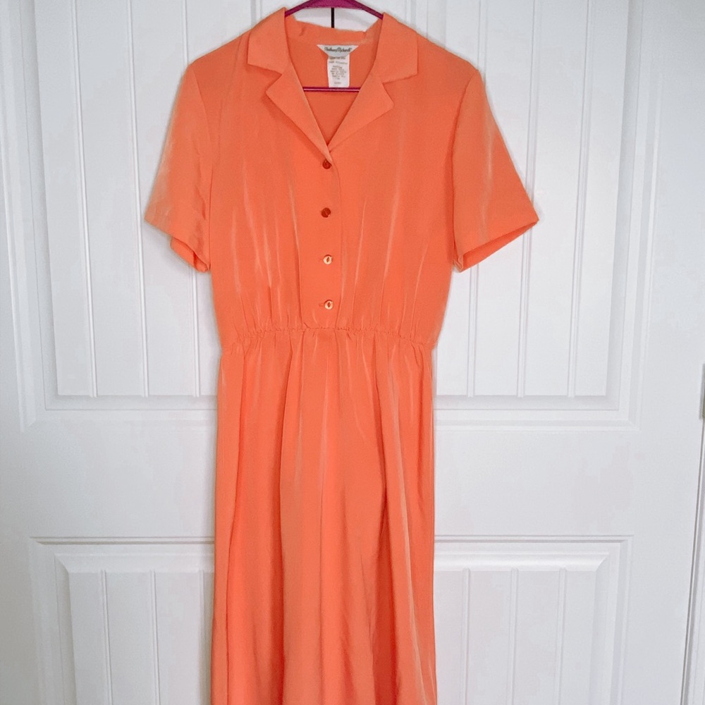 Vintage 1990s 1980s Anthony Richards Peach Orange Button Collared Dress